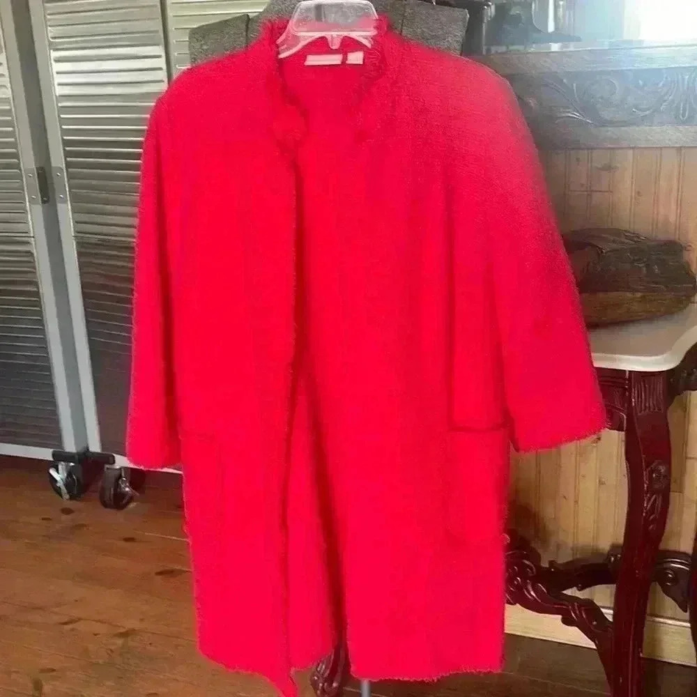 Chico’s size 3 women’s stunning, red long, tweed blazer.